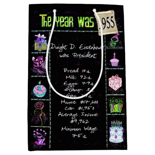 Geburtsjahr 1955 Fun Trivia auf schwarz Mittlere Geschenktüte (Vorderseite)