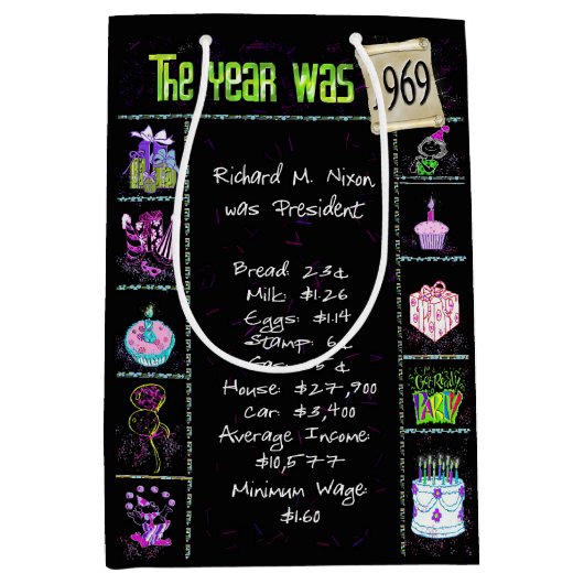 Geburtsjahr 1969 Fun Trivia auf schwarz Mittlere Geschenktüte (Vorderseite)