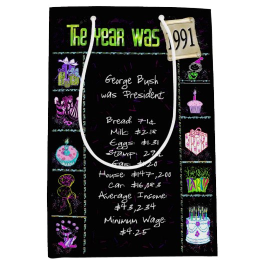 Geburtsjahr 1991 Fun Trivia auf schwarz Mittlere Geschenktüte (Vorderseite)