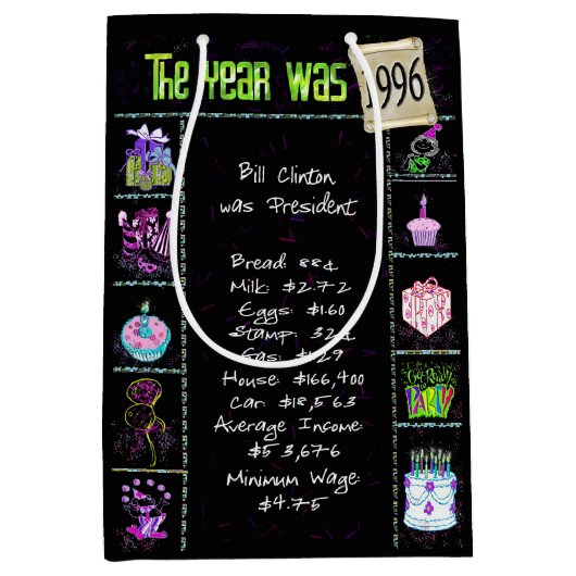 Geburtsjahr 1996 Fun Trivia auf schwarz Mittlere Geschenktüte (Vorderseite)