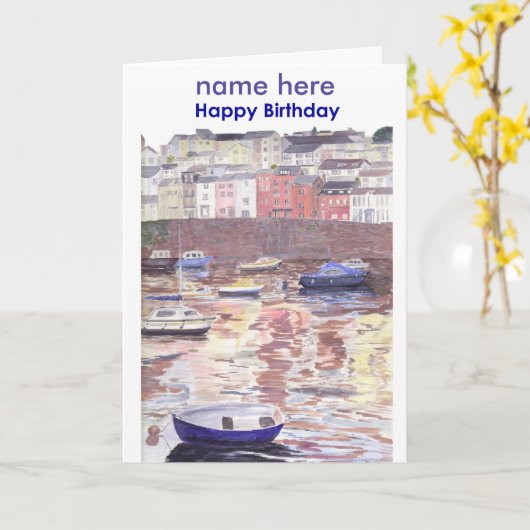 Geburtskarte, Brixham Harbour Devon UK Karte (Gelbe Blume)