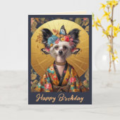 Geburtskarte | Chinesisch Crested Kimono Geburtsta Karte (Gelbe Blume)