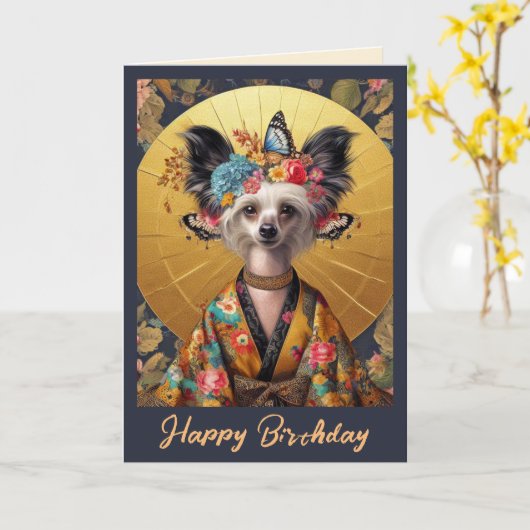 Geburtskarte | Chinesisch Crested Kimono Geburtsta Karte (Gelbe Blume)