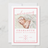 Geburtskarte des Kindes - Modernes Rosa und Weiß Ankündigung (Vorderseite)