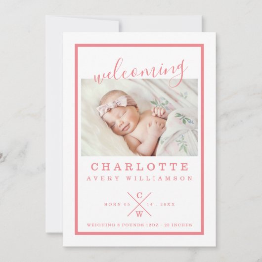 Geburtskarte des Kindes - Modernes Rosa und Weiß Ankündigung (Vorderseite)