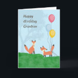 Geburtskarte für Grandson mit Füchsen Karte<br><div class="desc">Grandson Geburtstagskarte mit zwei niedlichen Füchsen,  drei bunten Ballons,  grünem Gras und einem Baum auf hellblauem Hintergrund. Dank der hungrigen jpeg für einige der Elemente in der Gestaltung.</div>