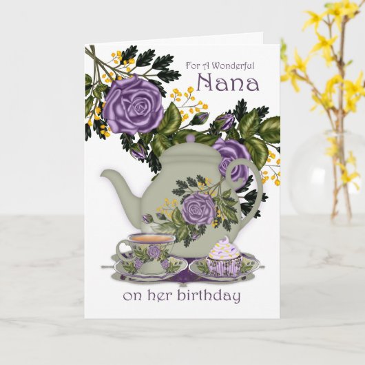 Geburtskarte Nana Tee und Cupcake Karte (Gelbe Blume)