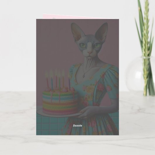 Geburtskarte | Sphynx Cat Lady with Birthday Cake Karte (Rückseite)