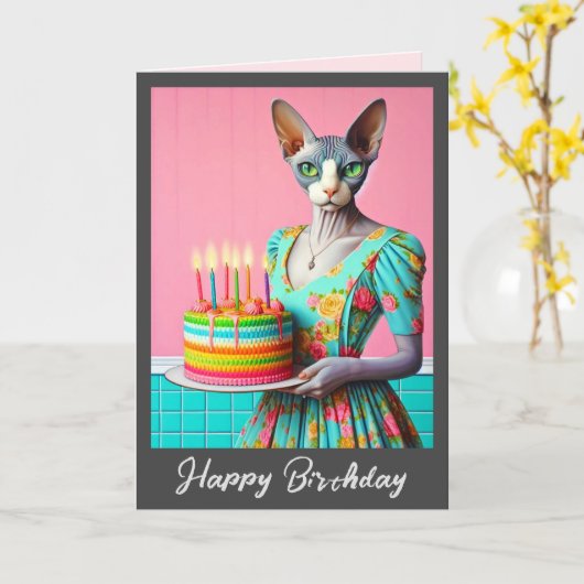 Geburtskarte | Sphynx Cat Lady with Birthday Cake Karte (Gelbe Blume)