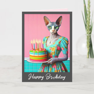 Geburtskarte | Sphynx Cat Lady with Birthday Cake Karte