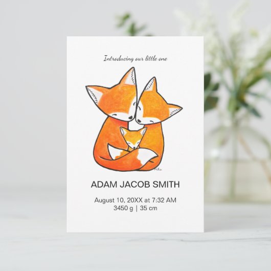 Geburtskarte von Custom Fox Family Baby Dankeskarte (Stehend Vorderseite)
