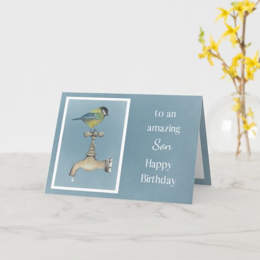 Geburtskarte von Son - Aquarellvogel Karte (Gelbe Blume)