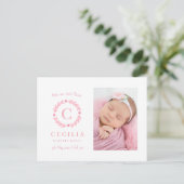 Geburtskarten für Mädchen in Monogramm Postkarte (Stehend Vorderseite)