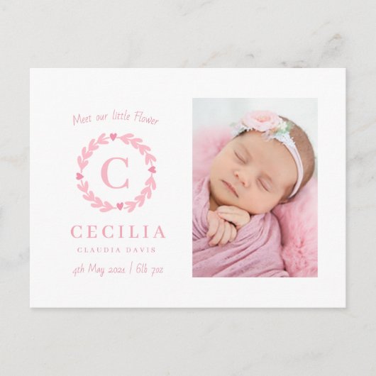 Geburtskarten für Mädchen in Monogramm Postkarte (Vorderseite)
