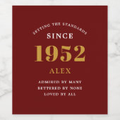 Geburtsname 1952 Red Gold Elegant Chic Weinetikett (Einzelnes Label)