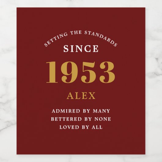 Geburtsname 1953 Red Gold Elegant Chic Weinetikett (Einzelnes Label)