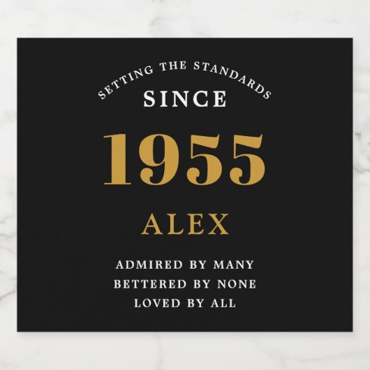 Geburtsname 1955 Black Gold Elegant Chic Schaumweinetikett (Einzelnes Label)