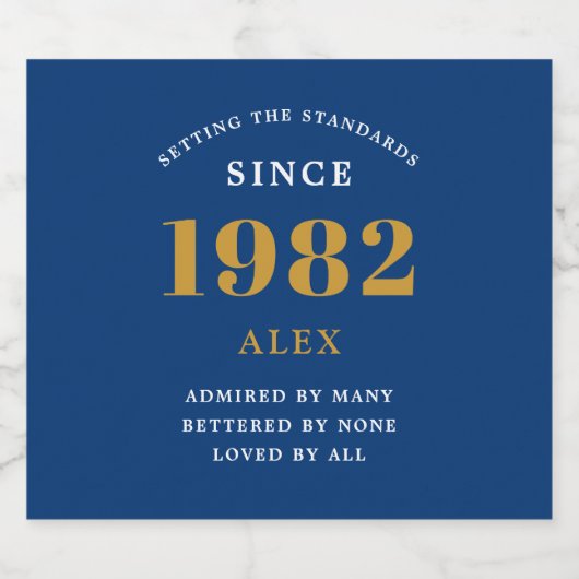 Geburtsname 1982 Blue Gold Elegant Chic Schaumweinetikett (Einzelnes Label)