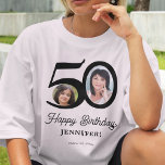 Geburtsname personalisiert T-Shirt<br><div class="desc">Trendy kühnen Typografie 50 Jahre Geburtstag lustige personalisierte T - Shirt Vorlage mit 2 Fotos und moderne Retro-Stil schwarz Drehbuch. Einfach mit Text und Bildern anpassen.</div>