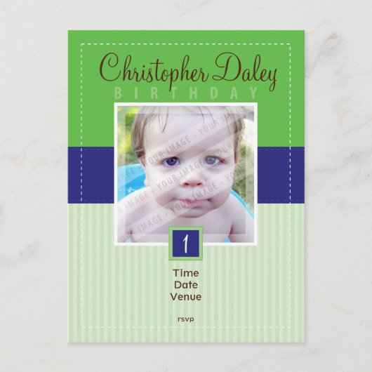 GEBURTSPARTEEINLADUNG: genäht - Junge1 Einladungspostkarte (Vorderseite)