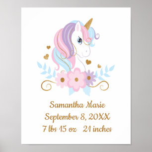 Geburtsstatistik Einhorn Rosa Blau Gold, Mädchen Poster