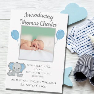 Geburtsstatistiken Baby Junge Blauer Elefant Baby  Ankündigung