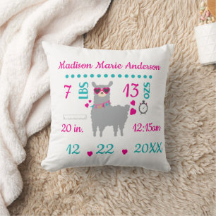 Geburtsstatistiken Llama Grau Pink Neues Baby-Gesc Kissen