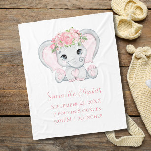 Geburtsstatistiken Rosa Baby Elefant Baby Mädchen Fleecedecke