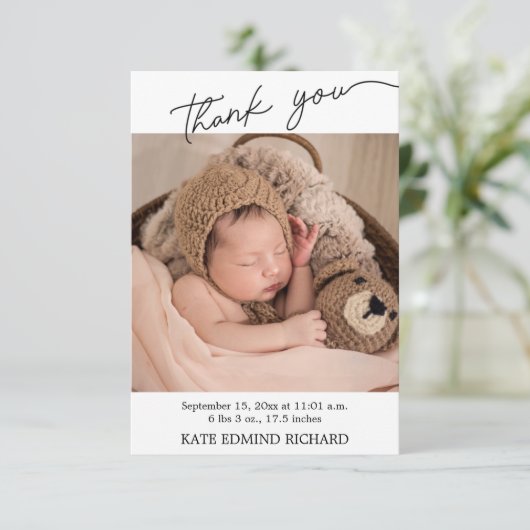 Geburtsstats Fotos Handgeschriebene Babydusche Dankeskarte (Stehend Vorderseite)