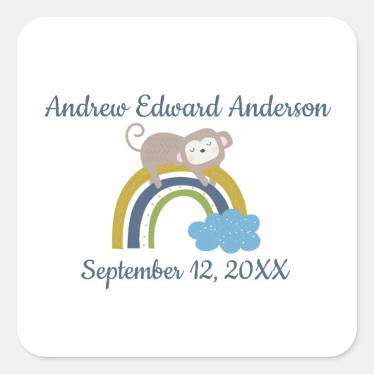 Geburtsstats Regenbogen Schlaftier Baby Quadratischer Aufkleber (Vorderseite)