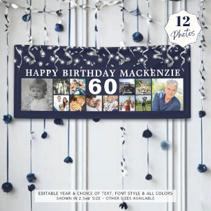 Geburtstag 12 Foto Collage Blue Silver Confetti Banner