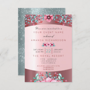 Geburtstag 16. Bridal Floral Pink Aqua Rose Funkel Einladung