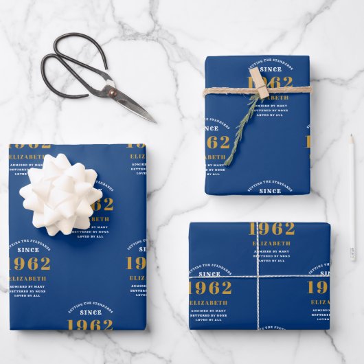 Geburtstag 1962 Blue Gold Chic Elegant Geschenkpapier Set (Vorderseite)