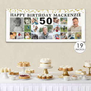 Geburtstag 19 Foto Collage Gold Confetti Custom Banner