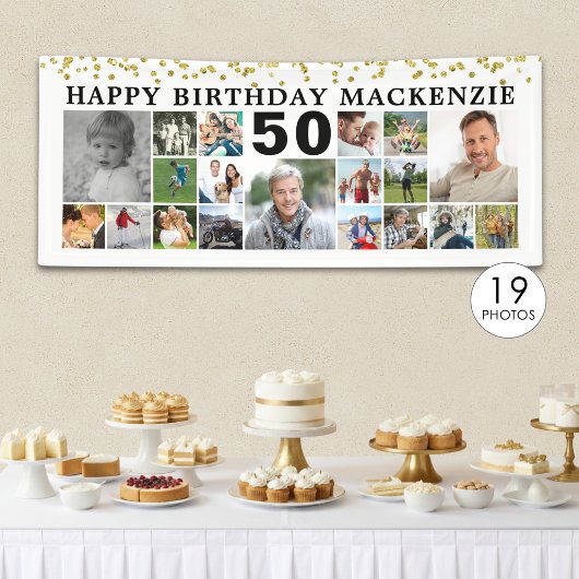 Geburtstag 19 Foto Collage Gold Confetti Custom Banner