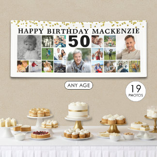 Geburtstag 19 Foto Collage Gold Confetti Custom Banner