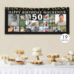Geburtstag 19 Fotocollage Schwarz Gold Konfetti Banner