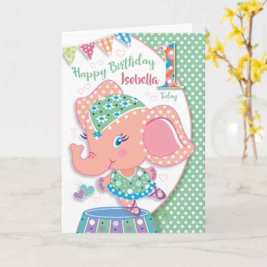 Geburtstag 1, Elle Ballerina Elephant Karte (Gelbe Blume)