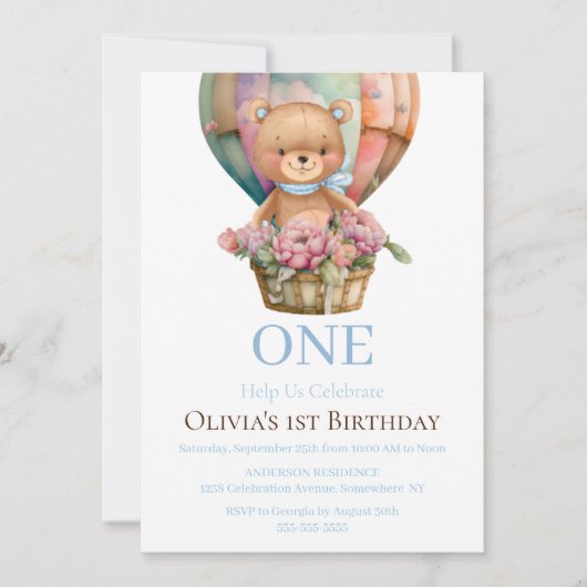 Geburtstag 1. Teddy Bären Ballon Einladung (Vorderseite)