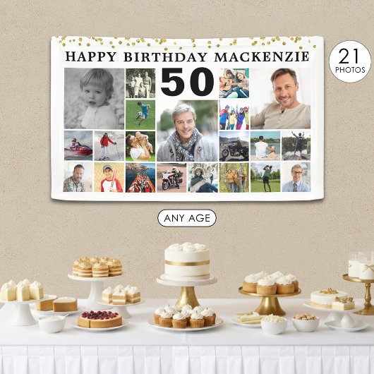 Geburtstag 21 Foto Collage Gold Confetti Custom Banner