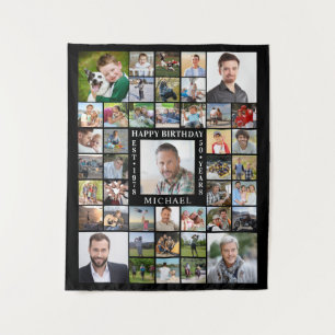 Geburtstag 43 Fotocollage Name Alter Schwarz Weiß Wandteppich