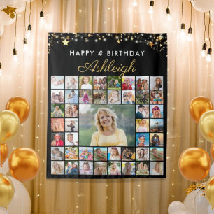 Geburtstag 45 Foto Collage Black Gold Stars Skript Wandteppich