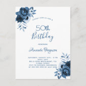 Geburtstag 50 blaue Blumenschrift Postkarte (Vorderseite)