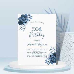 Geburtstag 50 blaue Blumenschrift Postkarte