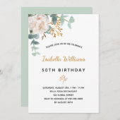Geburtstag 50 Blüteneukalyptus goldgrün elegant Einladung (Vorne/Hinten)