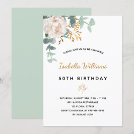 Geburtstag 50 Blüteneukalyptus goldgrün elegant Einladung