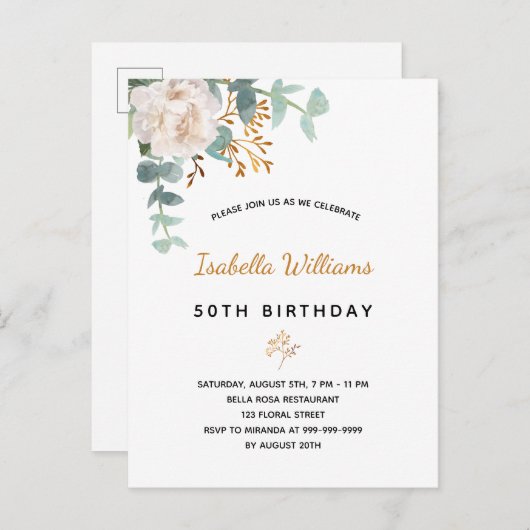 Geburtstag 50 Blüteneukalyptus goldgrün elegant Postkarte (Vorne/Hinten)