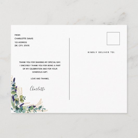 Geburtstag 50 Eukalyptus grün danke Postkarte (Rückseite)