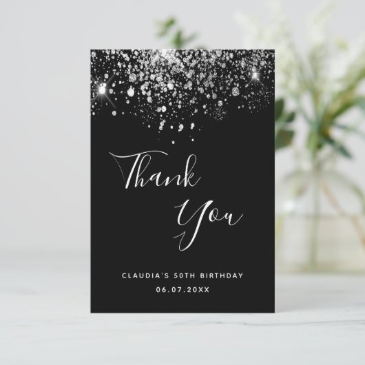 Geburtstag 50 schwarzer Glitzer glamourös Dankeskarte (Stehend Vorderseite)