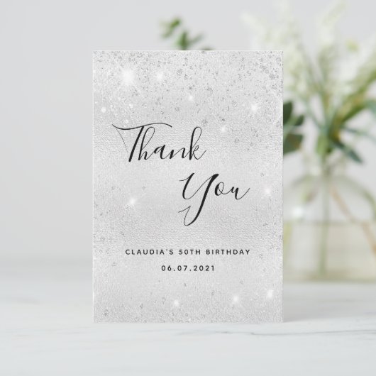 Geburtstag 50 silberner Glitzer Dankeskarte (Stehend Vorderseite)